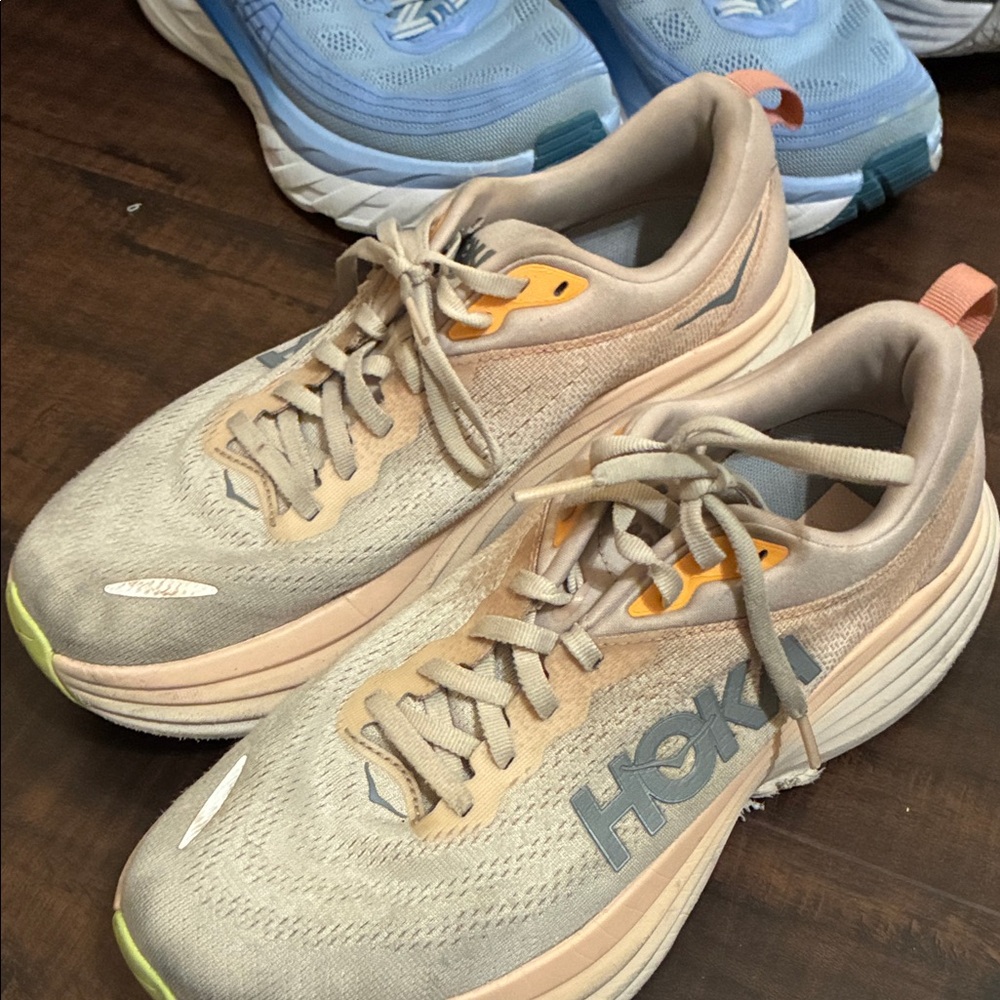 Hoka Beige and Yellow Athletic Shoes
